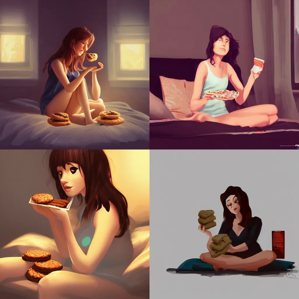 Prompt: woman sitting in bed, eating cookies out of a box on a dark night, concept art, highly detailed, artstation