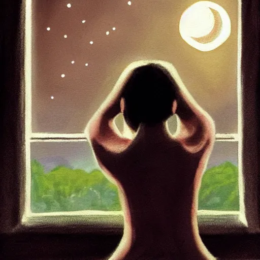 Image similar to painting of brunette girl from behind as she looks at the window at the night sky, feature the moon and hearts