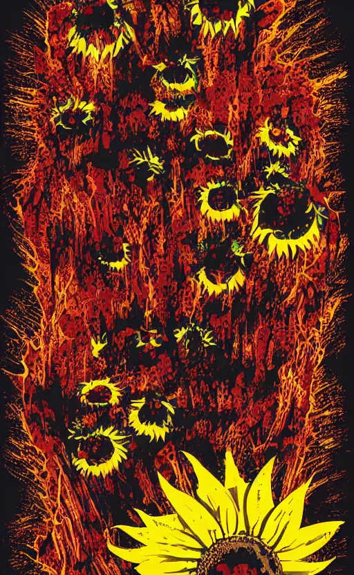 Prompt: 8 k cursed with necronomicon horrorcore cel animation poster depicting sunflowers spattered with blood, intricate, metropolis, 1 9 5 0 s movie poster, post - processing, vector art