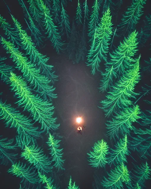 Image similar to werewolf in forest at night, shot from drone, grainy, polaroid, zoomed in