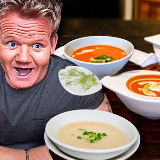 Image similar to <photo hd reaction>Gordon Ramsey reviews delicious soup</photo>