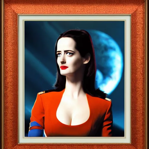 Image similar to a full body portrait of eva green as a star fleet officer from star trek next generation, ultra rendered, extreme realism and detail, 8 k, highly detailed, realistic, completely framed, hyper realistic, colorful, direct lighting, 3 5 mm photo, photorealistic, sharp focus