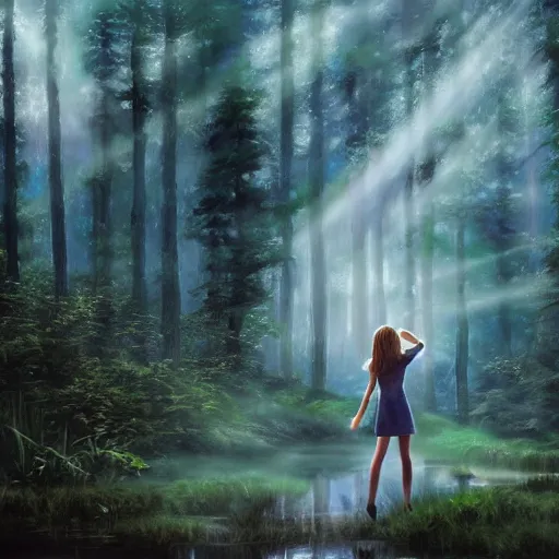 Image similar to taylor swift holding her hand out for you, long hair with bangs, Crystal clear blue eyes, wide-shot, mystical, sun flairs, beautiful fog lit forest backround, oil colors, watery lake, elegant, sharp focus, cute face, Hyper-realistic, Highly Detailed, HD, Dramatic Lighting by Brom, by beeple, studio ghibli, wallpaper, highly detailed, trending on artstation