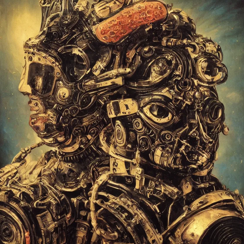 Image similar to a baroque portrait painting of a robot wearing an intense tribal mask. pulp sci - fi art for omni magazine. glowing fantasy fairies. high contrast. dark background. baroque period, oil on canvas. renaissance masterpiece. muted colors, soft gradients. trending on artstation. retrofuturism.