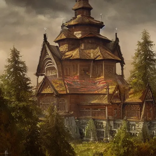 Prompt: wooden slavic temple view from high, greg rutkowski,