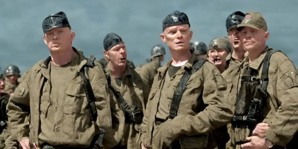 Image similar to a film still of Bill burr in saving private ryan, high quality