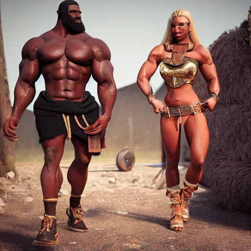 Prompt: a handsome bodybuilder viking girl with african american, clash royal style characters, unreal engine 5, octane render, detailed, cinematografic, cinema 4 d, artstation trending