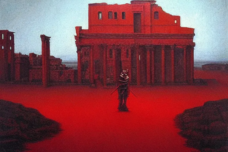 Image similar to only with red, caesar after war, a red tiger, in hoc signo vinces, rome in background, an ancient path, in the style of beksinski, part by hopper, part by rodcenko, part by hofbauer, intricate composition, red by caravaggio, insanely quality, highly detailed, masterpiece, red light, artstation