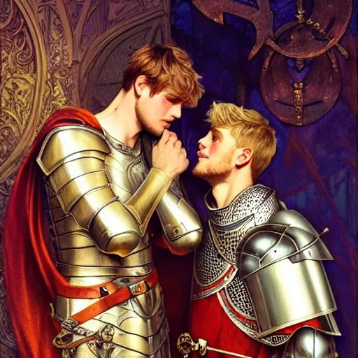 Image similar to attractive arthur pendragon and his favourite attractive male knight, they are in love, camelot, natural lighting, path traced, highly detailed, high quality, digital painting, by gaston bussiere and ross tran and j. c. leyendecker and alphonse mucha