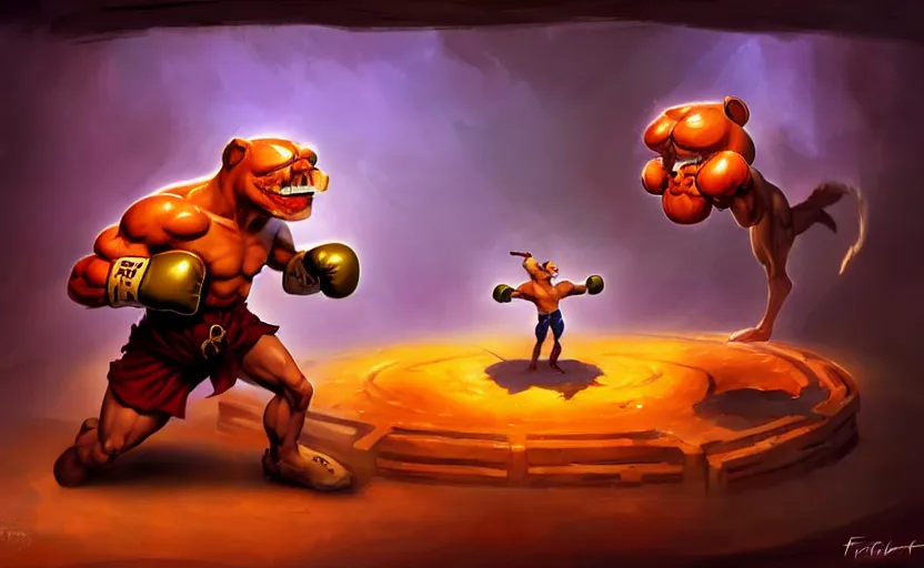 Image similar to anthropomorphic toast character as a boxer ; magic : the gathering fantasy character concept art by frank frazetta and marco bucci, high resolution. boxing ring in the background, dramatic stadium lighting, fantasy coloring, intricate, digital painting, artstation, smooth, sharp focus