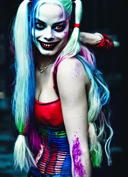 Image similar to 5 0 mm photo of beautiful suicide squad happy margot robbie with long white hair that looks like harley quinn standing on the wet street of dystopian gotham city at night, angry frown, glamour pose, watercolor, frank miller, moebius, jim lee, cinematic, ridley scott, lens flare, dramatic lighting, annie leibowitz