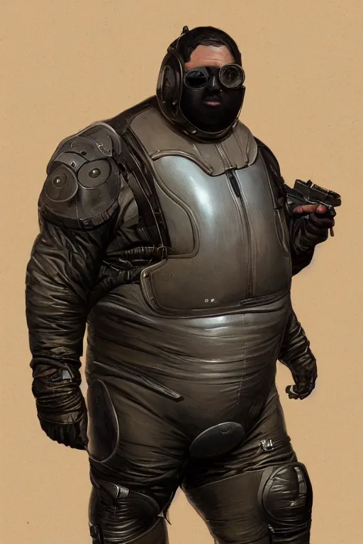 Prompt: upper body portrait of a morbidly obese man wearing leather spacesuit, bionic eye, detailed, illustration by normal rockwell, artstation character art, john william waterhouse, concept art, greg rutkowski