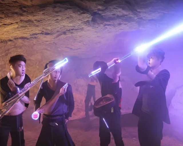 Image similar to neolithic cave gig, generic kpop boy band, lasers, light sabers, blaster pistols, smoke machine, cdx