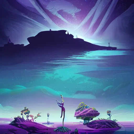 Image similar to sea under starry sky with reefs, light purple tones, animated film, stylised, illustration,, fantasy art, 2 d game art, by eyvind earle, scott wills, genndy tartakovski, roman shipunov, etienne hebinger, atey ghailan, cgsociety, cynical realism