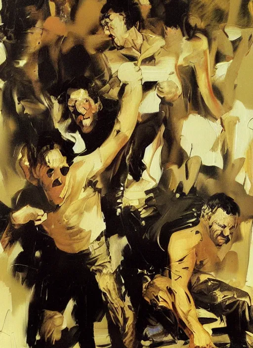 Image similar to iasip the gang painting by phil hale, francisco goya,'action lines '!!!, graphic style, visible brushstrokes, motion blur, blurry, hd image