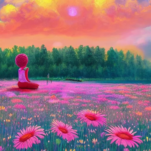 Image similar to giant daisy flower as head, girl sitting in a flower field, surreal photography, sunrise, dramatic light, impressionist painting, colorful clouds, digital painting, artstation, simon stalenhag