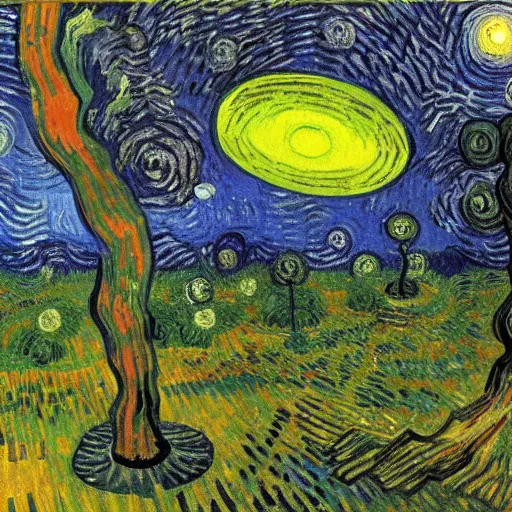 Prompt: ufo in a forest, van gogh painting,