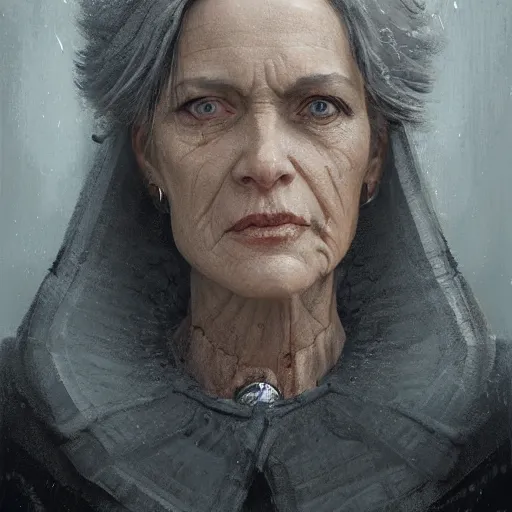 Prompt: portrait of the woman called ss - kerstin. she is 6 0 years old and has strange short spiky gray hair. she is the general of hate. detailed digital art by greg rutkowski, thomas kinkade and keith parkinson, artstation, cgsociety, 8 k, hd