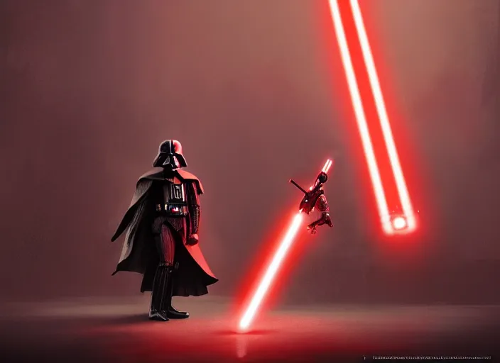 Image similar to a dramatic highly detailed render of darth vader with red lightsaber drawn facing a cute toddler with its back to the camera, futuristic star wars vibe, by WLOP and Artgerm and Greg Rutkowski and Alphonse Mucha, Beautiful dynamic dramatic dark moody lighting, shadows, cinematic atmosphere, Artstation, concept design art, Octane render, 8K, masterpiece, sharp focus, hyperrealistic