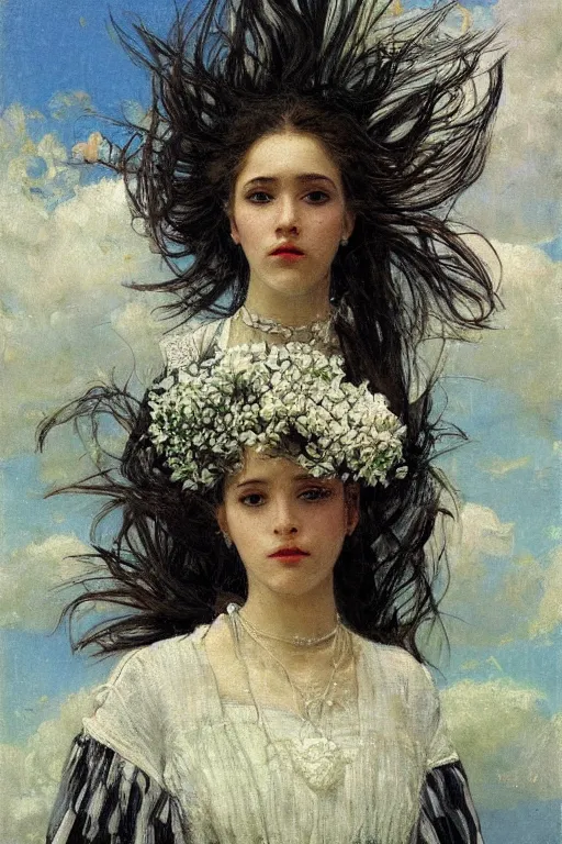 Image similar to close - up fashion black skin woman portrait airy flowers cloudy sky art by vasnetsov