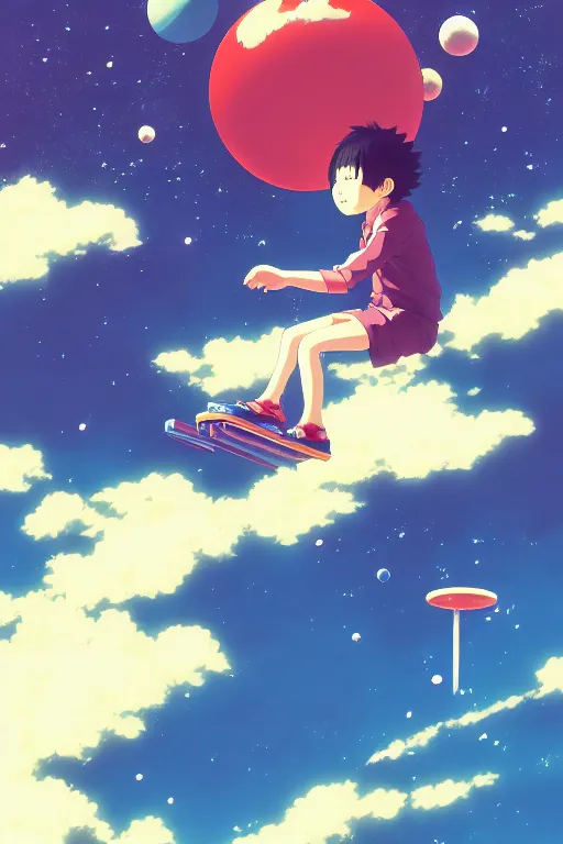 a young anime boy riding a skateboard in the sky,, Stable Diffusion