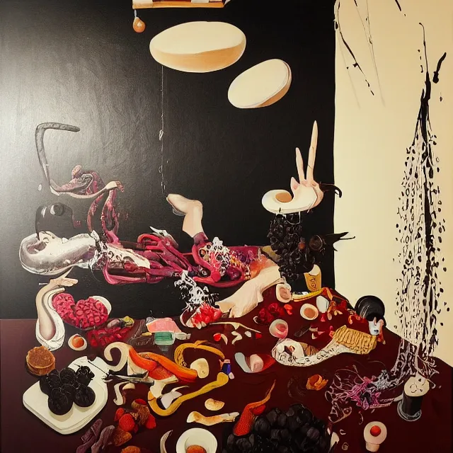 Image similar to sensual, a portrait in a female art student's bedroom, black walls, a woman sitting on a bed made of pancakes, honey dripping, berries dripping, chocolate, surgical supplies, ikebana, octopus, neo - expressionism, surrealism, acrylic and spray paint and oilstick on canvas