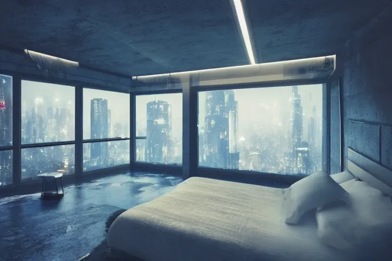 Prompt: futuristic bedroom, brutalist, ceiling high windows, cyberpunk, cityscape, neon lights, night, raining, volumetric light