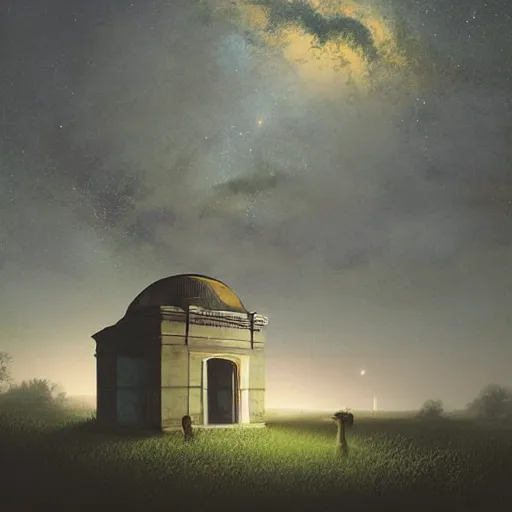 Image similar to an abandoned mansion with top observatory on a hill at night with stars, by lee madgwick and bastien lecouffe