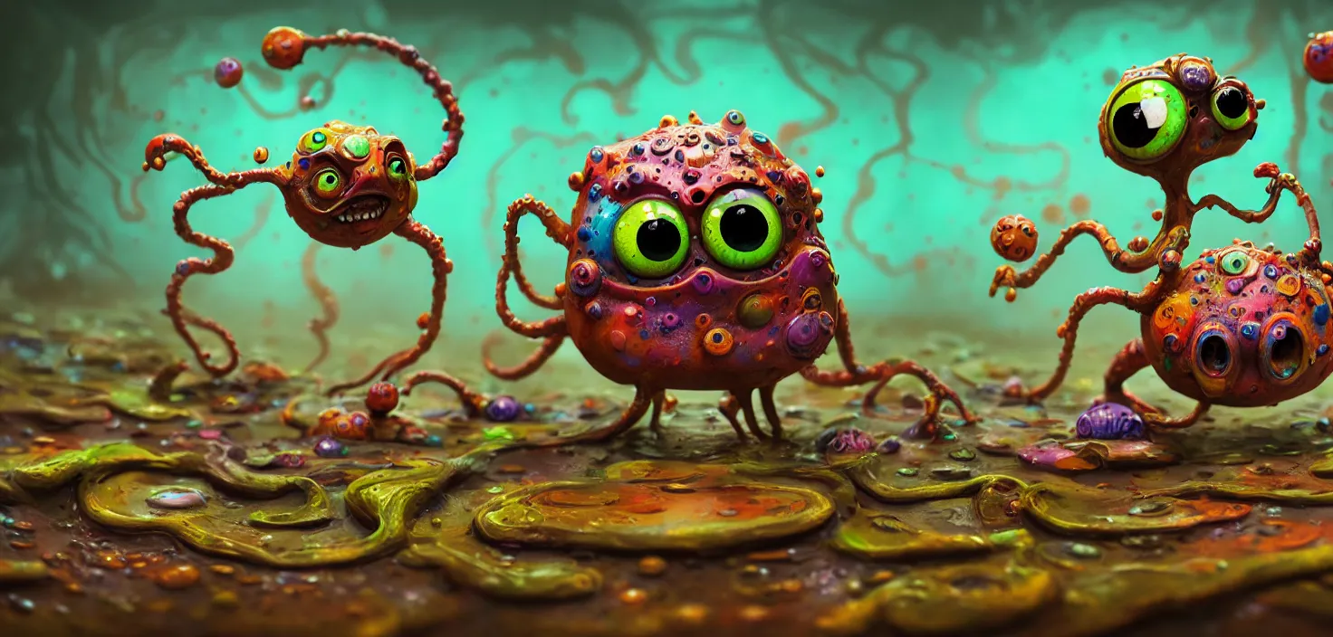 Prompt: intricate colourful mud monsters with big eyes splash in the water, in the style of craola, macro lens, shallow depth of field, highly detailed, digital painting, trending artstation, concept art, illustration, cinematic lighting, vibrant colors, photorealism, epic, octane render