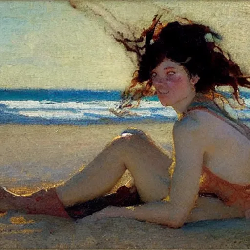 Image similar to woman on the beach, dean cornwell style,