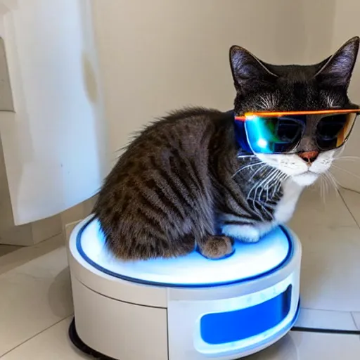 Prompt: cat wearing sunglasses, cat sitting on top of roomba, reflective marble floor, disco party lights, ray - ban glasses