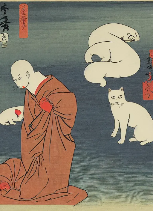 Image similar to whitecat with 2 baby white cats of utagawa hiroshige, digital painting 4 k uhd image, highly detailed