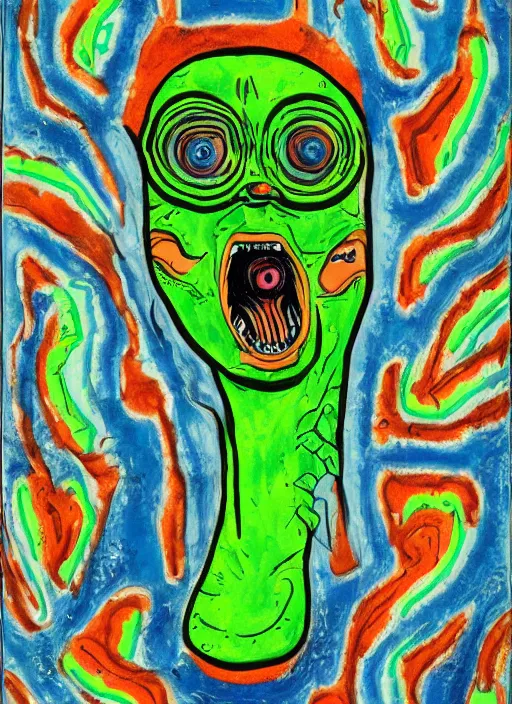 Image similar to a crazy alien art horror portrait, which has weird stretched out eyes and a misshapen mouth, green skin and orange background, art brut by a psycho man, full color crazy outsider outsider art