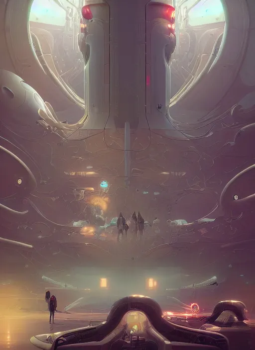 Image similar to the waiting room cybertronic giant open space, hyper realistic, detailed, sharp lines, peter mohrbacher, moebius, salvia droid, alex grey