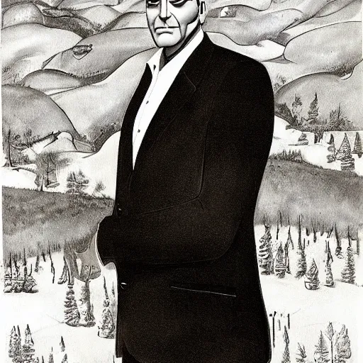 Prompt: a portrait of george clooney in a scenic environment by charles addams