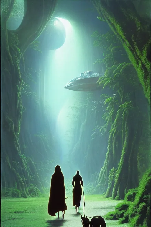 Image similar to emissary a woman walking her two dogs through a blue endor jungle ( designated : ix 3 2 4 4 - a ) in star wars to a magical building designed by zaha hadid, illustrated by arthur haas and bruce pennington and john schoenherr, cinematic matte painting, 8 k, dark color palate