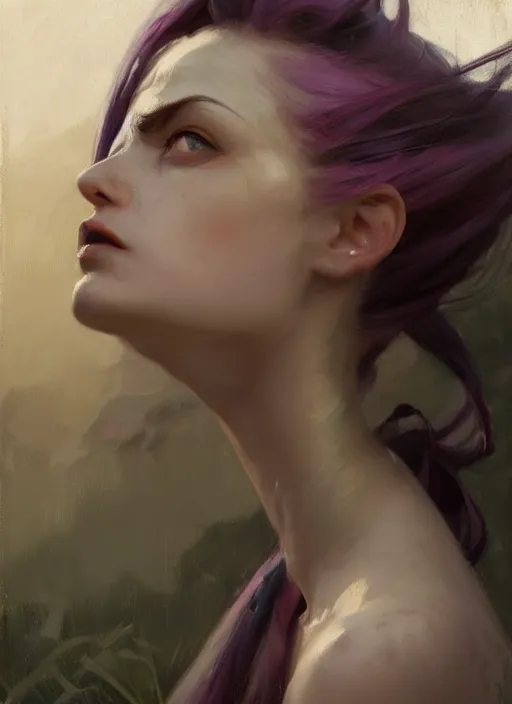 Image similar to portrait of Jinx from League of Legends after work, countryside, calm, fantasy character portrait, dynamic pose, above view, sunny day, thunder clouds in the sky, artwork by Jeremy Lipkin and Giuseppe Dangelico Pino and Michael Garmash and Rob Rey, very coherent asymmetrical artwork, sharp edges, perfect face, simple form, 100mm