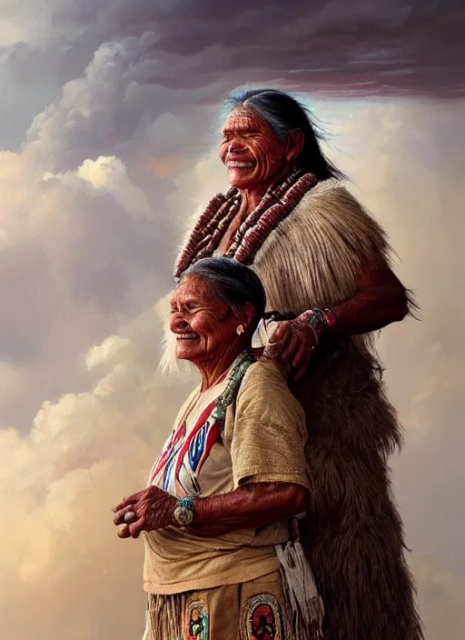 Image similar to portrait of an indigenous amazonian grandfather and grandmother in the clouds, smiling, protection, benevolence, ancestors, detailed faces, art by greg rutkowski