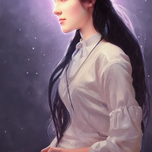 Prompt: portrait of teenage girl with long glossy black hair, glowing skin, delicate features, victoria wallace, fantasy, intricate, elegant, dress shirt and tie, highly detailed, digital painting, artstation, concept art, smooth, sharp focus, illustration, art by Krenz Cushart and Artem Demura and alphonse mucha