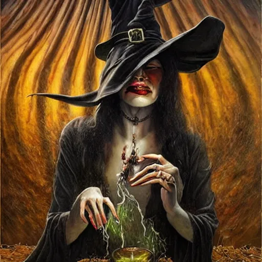 Prompt: a terrifying witch with boils and a long nose over a cauldron making magic in the style of Karol Bak