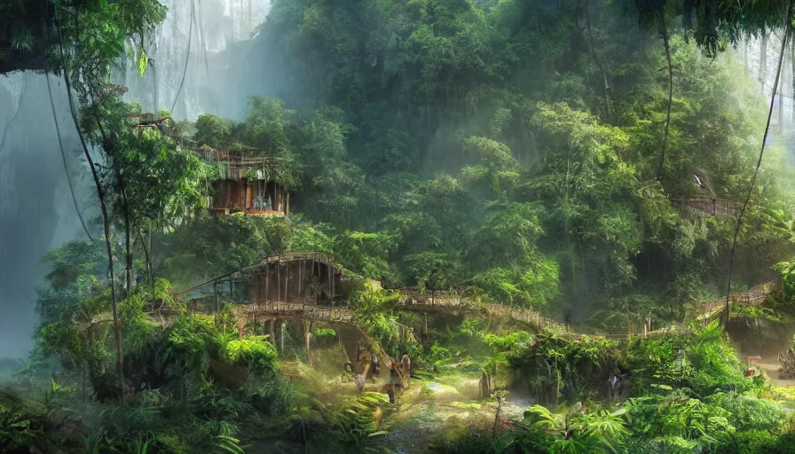 Image similar to abandoned zoo covered by vegeration in the heart of the jungle, sunny morning, mountains and waterfalls, light fog, hyperdetailed, artstation, cgsociety, 8 k