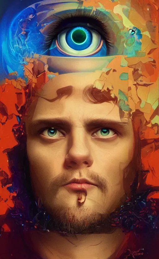 Image similar to upper half portrait of a man with spiral eyes droolingn inside of a distorted tv reality - in drew struzan movie poster style, art by drew struzan & hsiao - ron cheng, highly detailed, digital painting, ray tracing, illustration, smooth, sharp focus, intricate, symmetry, artstation,