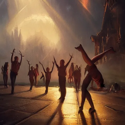 Prompt: concept art, air dancers by farmer's market, 8 k, by james gurney, greg rutkowski, and john howe, background of the sky at dusk, artstation