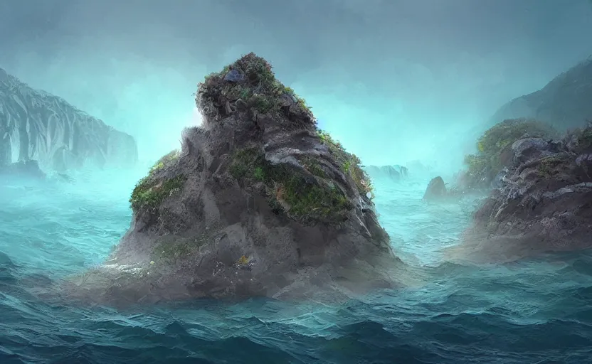 Image similar to rocky island, fog, reef, highly detailed, digital painting, architecture, artstation, concept art, sharp focus, illustration