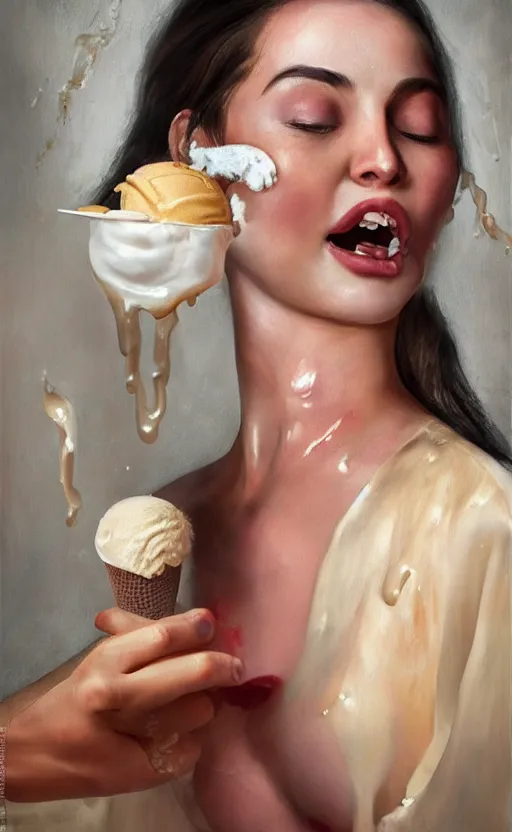 Image similar to portrait of a girl, in a silk robe, ice cream dripping down her top to bottom, oil coming out of her mouth, hyperrealistic, hightech