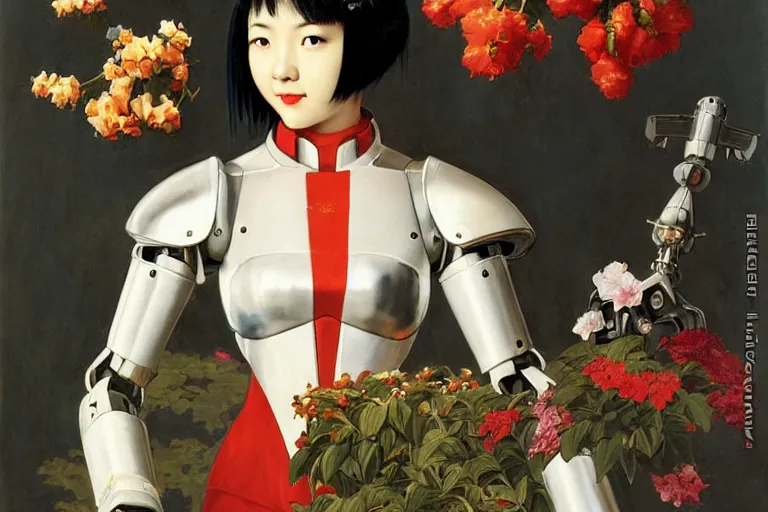 Prompt: a portrait of asian female with short black hair dressed with a robot knight plastic white armor from evangelion, sit in a throne sorrounded by garlands of marble fruits and flowers, masterpiece painted by jc leyendecker