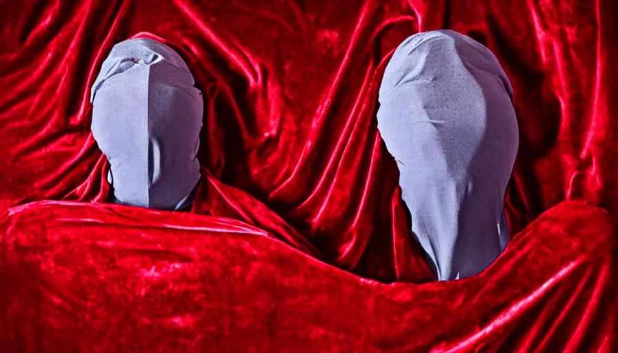 Prompt: rendering of invisible man wrapped in red velvet sheet. surrounded by darkness