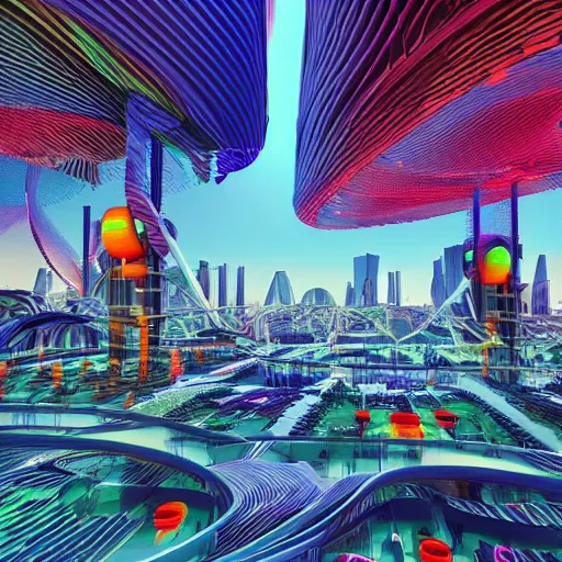Image similar to architecture based on insects, full of color, futuristic city, 3 d render, focused