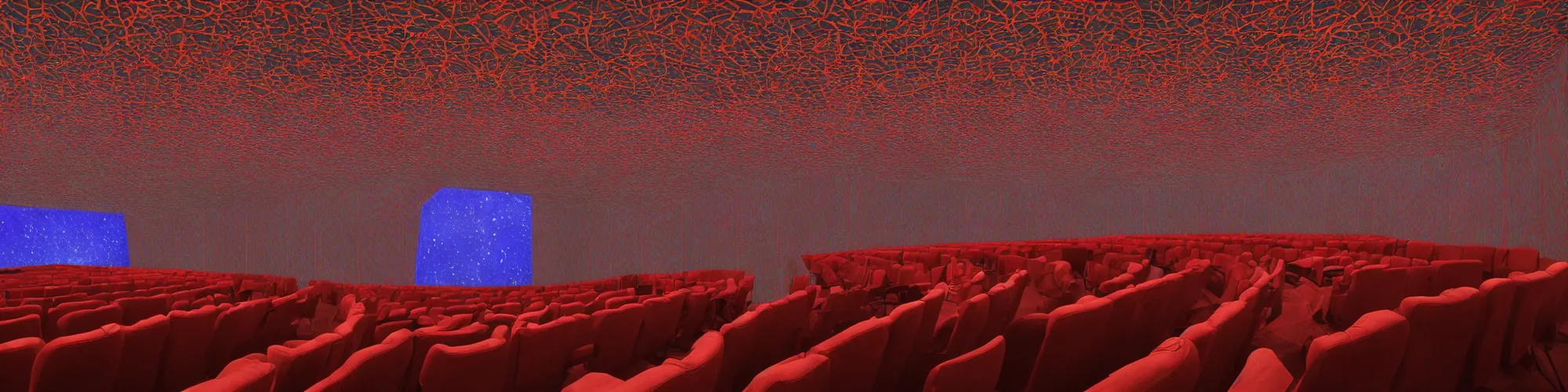 Image similar to Inside an astral theater with seats and screens