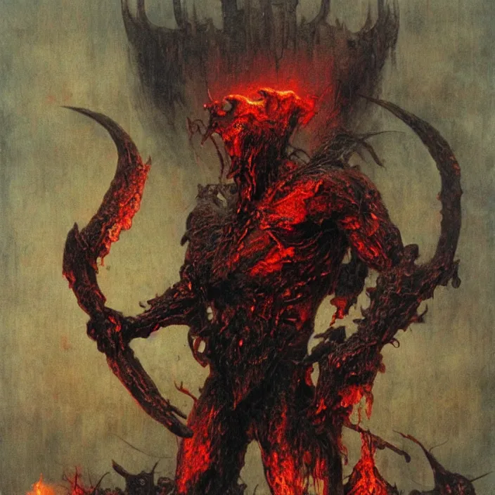 Image similar to demonic berserker in hellish armor, muscular body, demon, balrog, beksinski